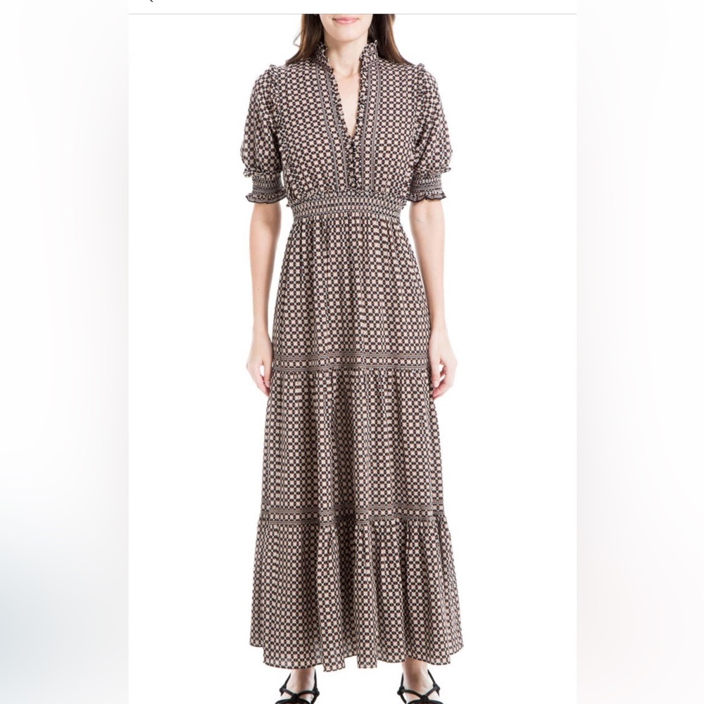 Max Studio ruffle collar floral print tiered maxi dress, large